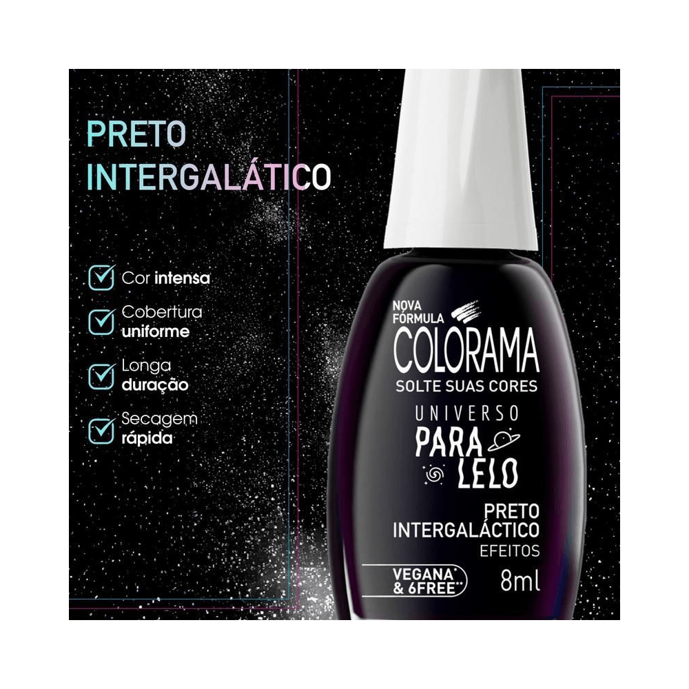 Frasco do esmalte com fundo estrelado destacando efeitos multichrome e benefícios