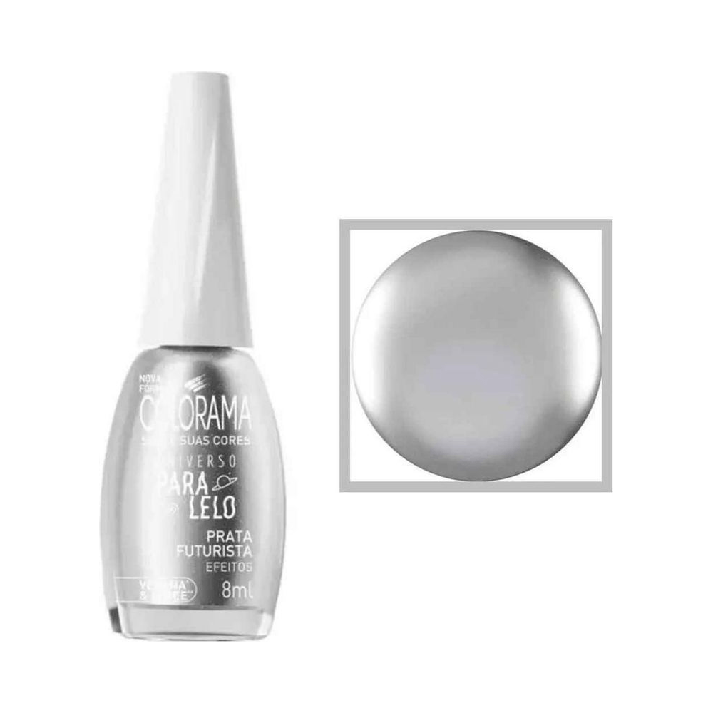 Frasco de esmalte Colorama ao lado de amostra da cor prateada