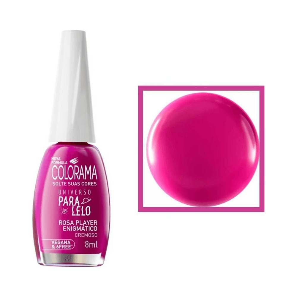 Frasco do esmalte Colorama ao lado de amostra da cor Rosa Player Enigmático e rótulo informando 8 ml, vegano e 6FREE