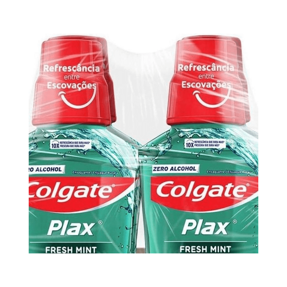 Close das coroas superiores das garrafas Colgate Plax Fresh Mint