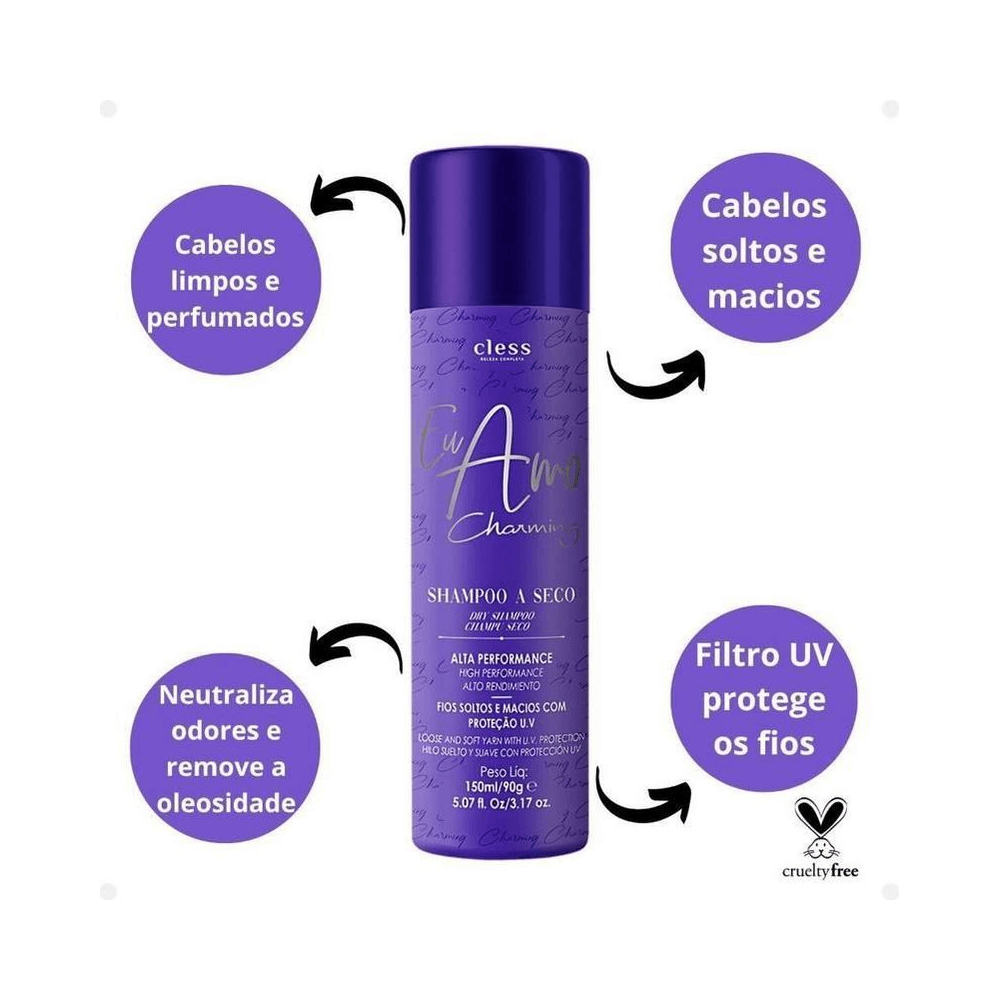 Frasco roxo com chamadas de benefícios: limpeza, maciez e proteção UV