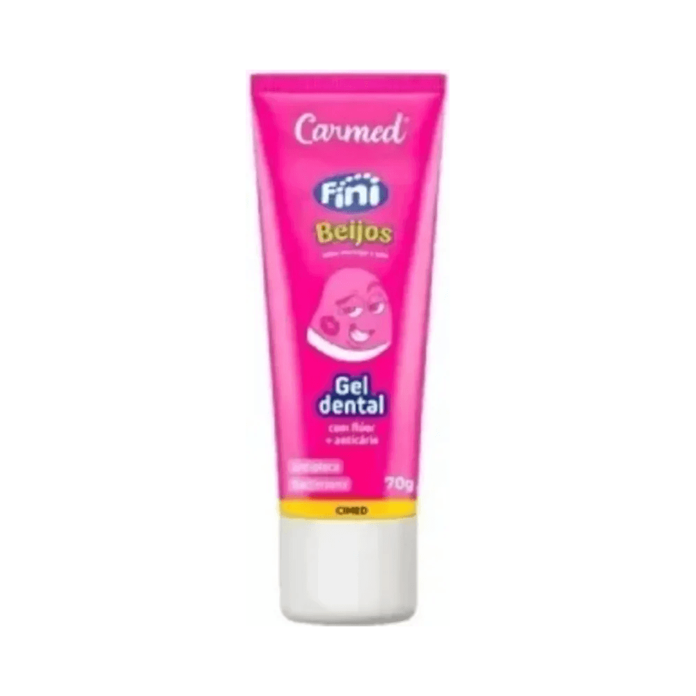 Tubo individual do Gel Dental Carmed Fini Beijos 70g sobre fundo branco