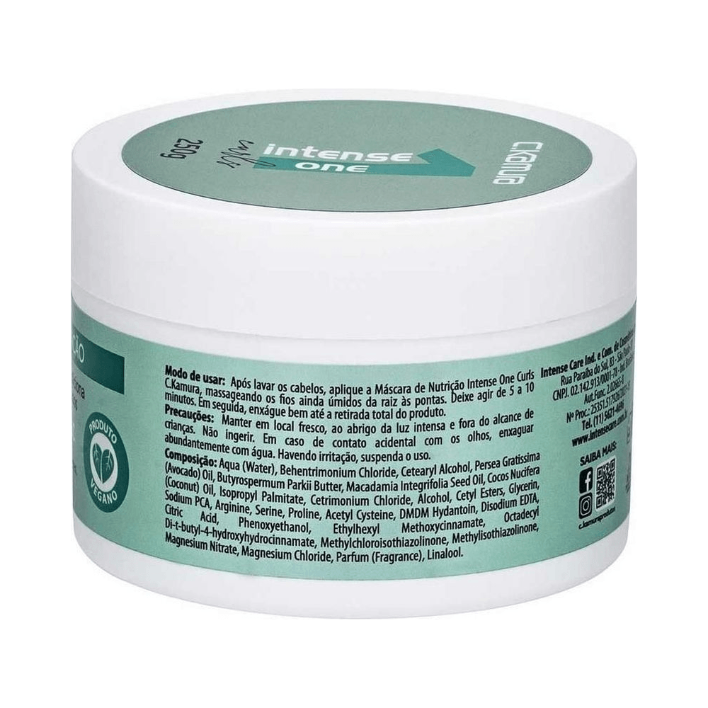 Parte traseira do pote com modo de uso, composição e selo vegano da Máscara C.Kamura Intense One Curls 250g