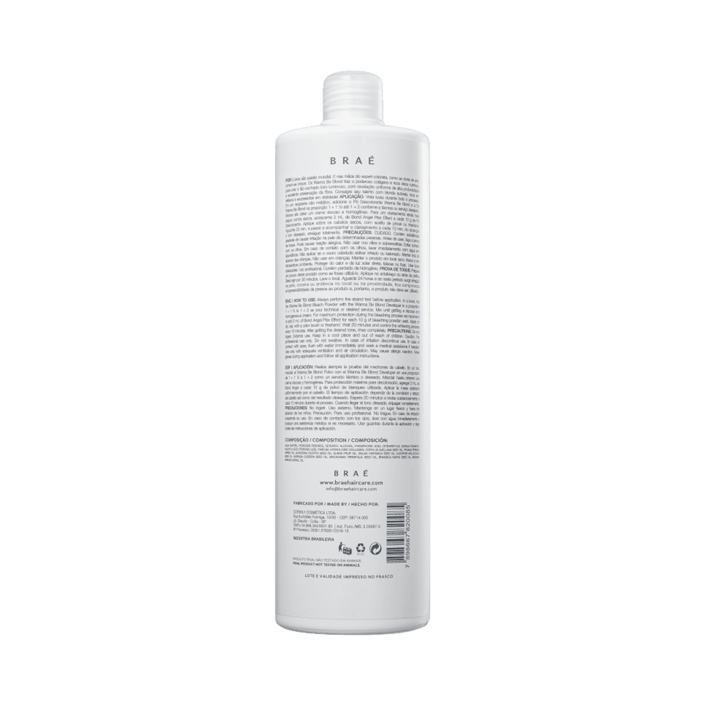 Verso do frasco com informações técnicas e modo de uso da Oxigenada Braé 900ml