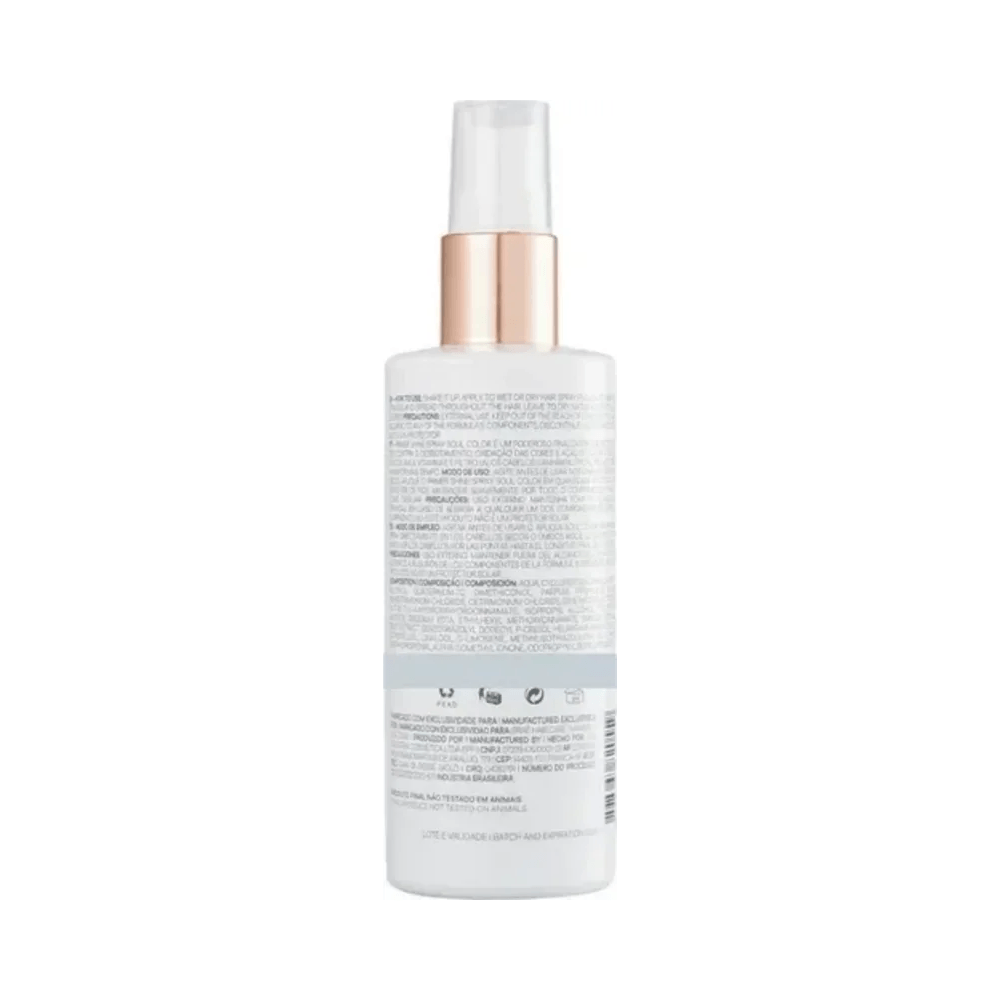 Verso do frasco Primer Braé Soul Color Shine Spray 100ml mostrando rótulo técnico