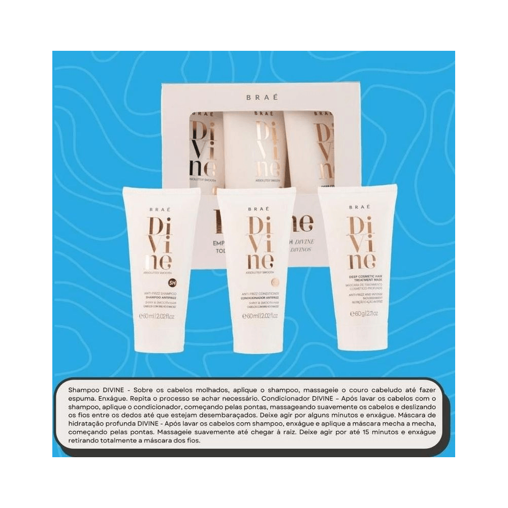 Composição promocional do Kit Braé Travel Divine com caixa e bisnagas em destaque