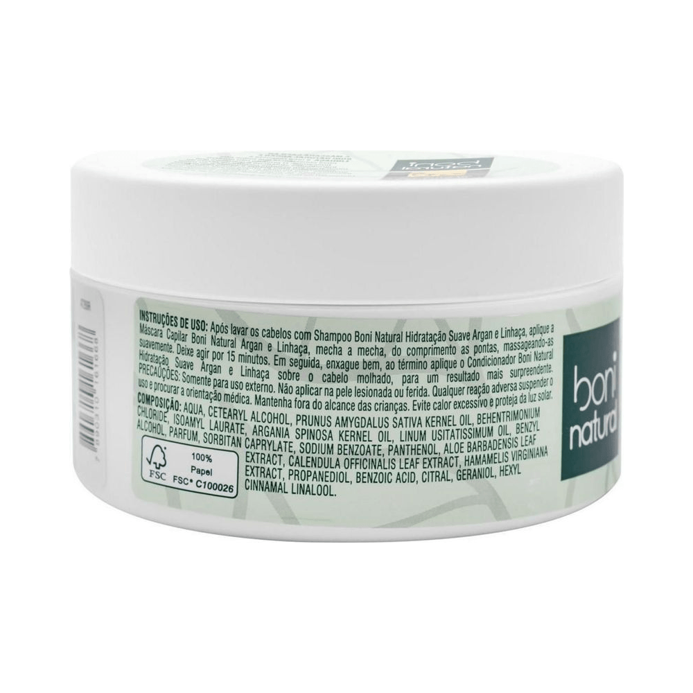 Visão lateral do pote com informações de uso e ingredientes da Máscara Boni Natural