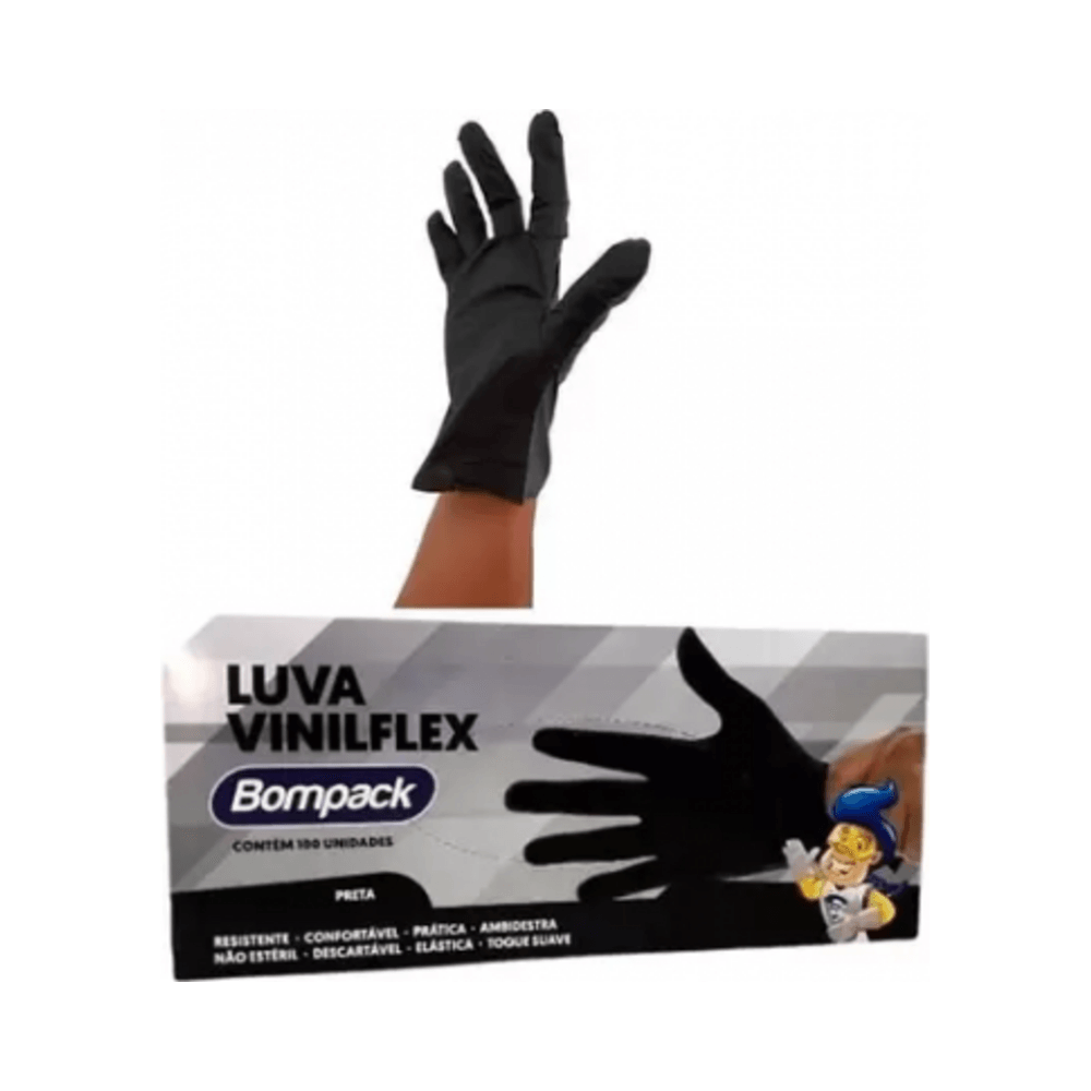 Mão usando luva preta Luva Vinilflex Bompack