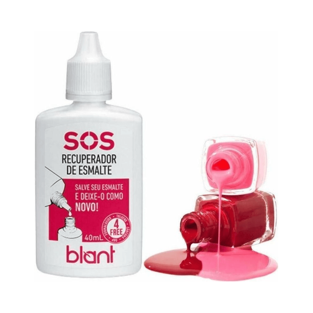 Recuperador de Esmalte Blant SOS 40ml demonstrando aplicação ao lado de vidros de esmalte