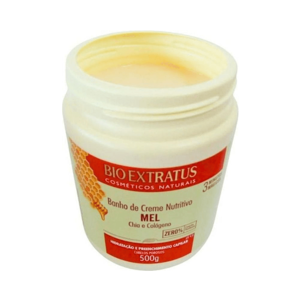 Pote aberto do Banho de Creme Bio Extratus Mel mostrando o creme interno e rótulo