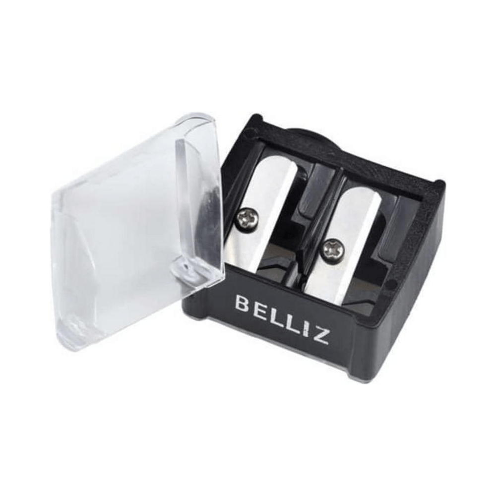 Apontador Belliz duplo preto com tampa articulada transparente e detalhe das lâminas