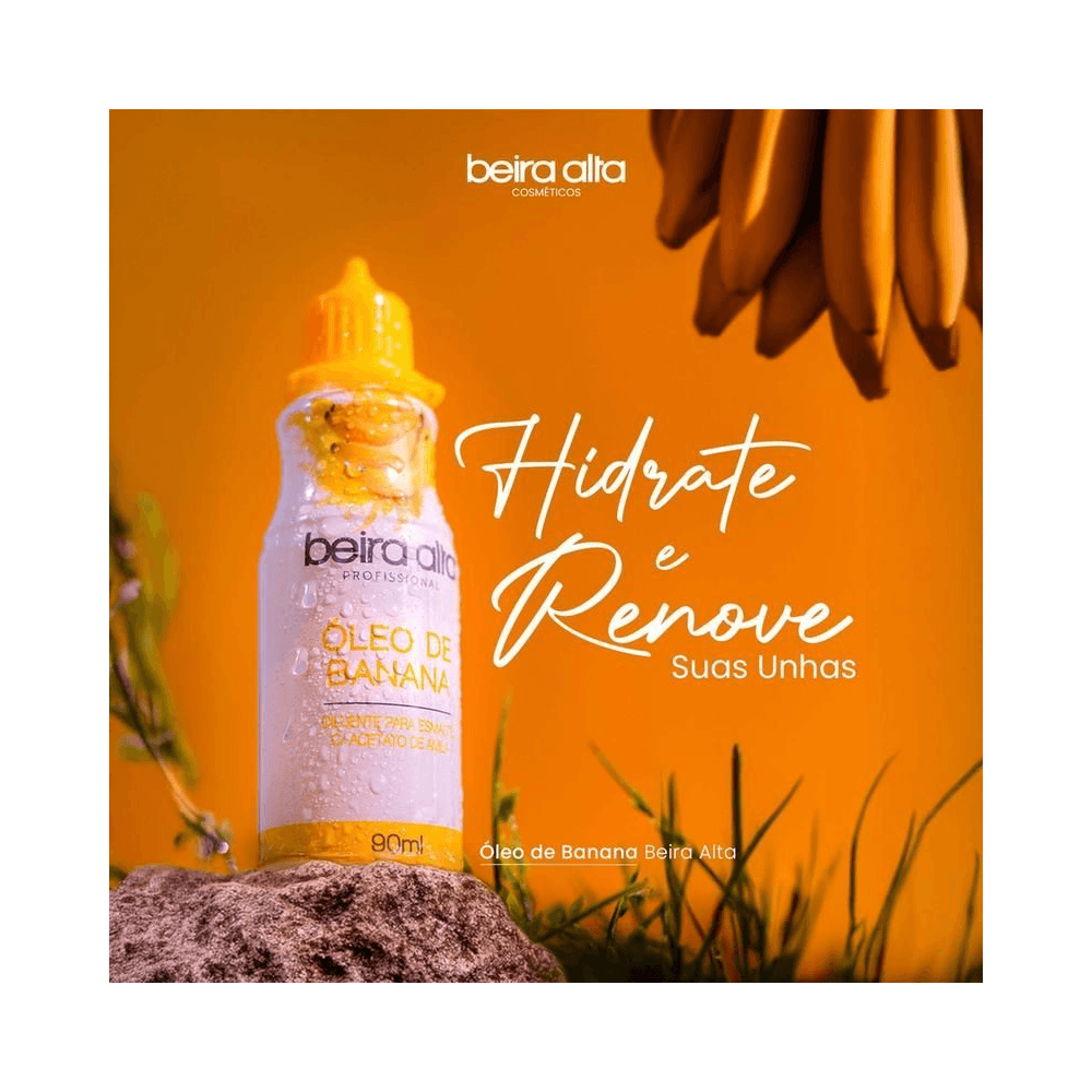 Óleo Banana Beira Alta 90ml em fundo laranja com destaque do rótulo