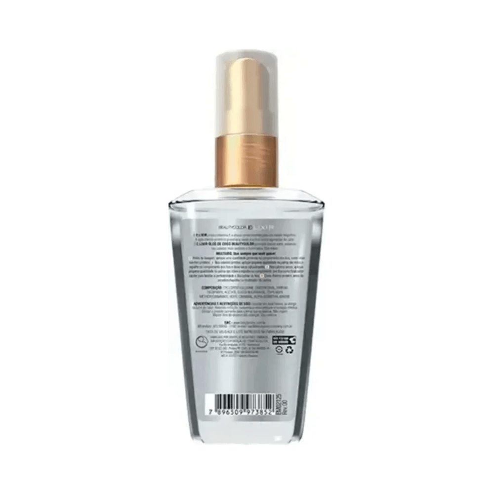 Verso do frasco mostrando composição e instruções do Elixir Óleo de Coco BeautyColor 40ml