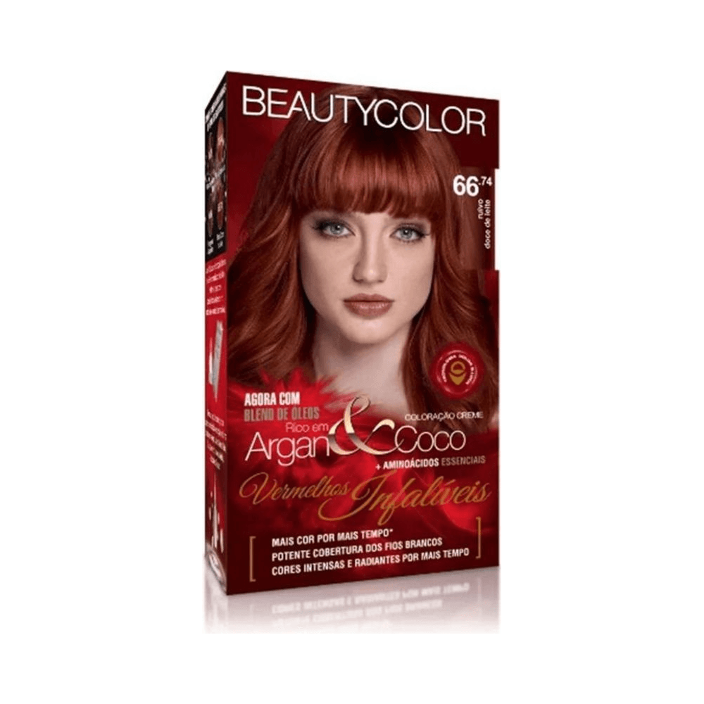 Vista da embalagem BeautyColor 66.74 com destaques de ingredientes e benefícios