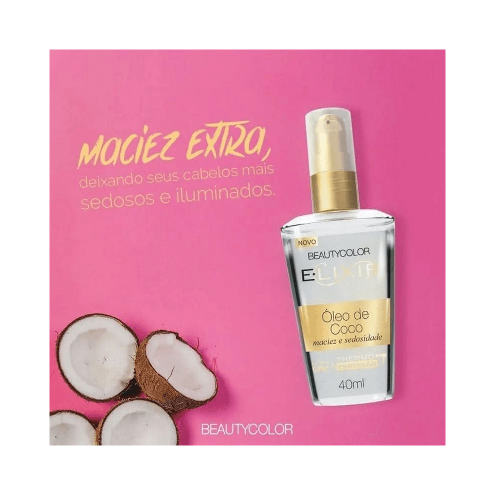 Frasco do Elixir Óleo de Coco BeautyColor com cocos ilustrativos e fundo rosa