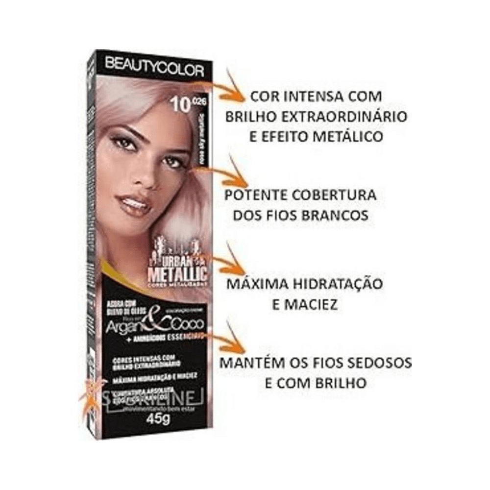 Embalagem frontal BeautyColor Urban Metallic 10.026 com callouts de benefícios