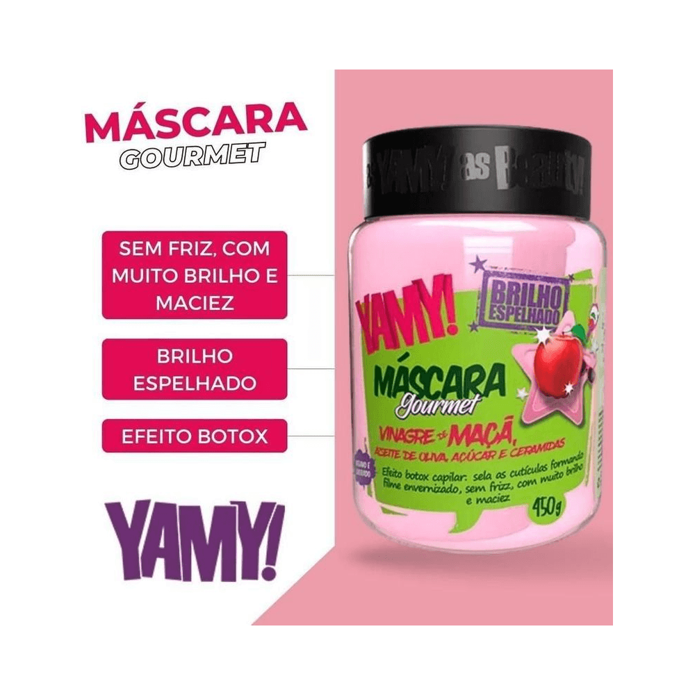 Imagem promocional da Máscara Gourmet Yamy 450g com benefícios destacados