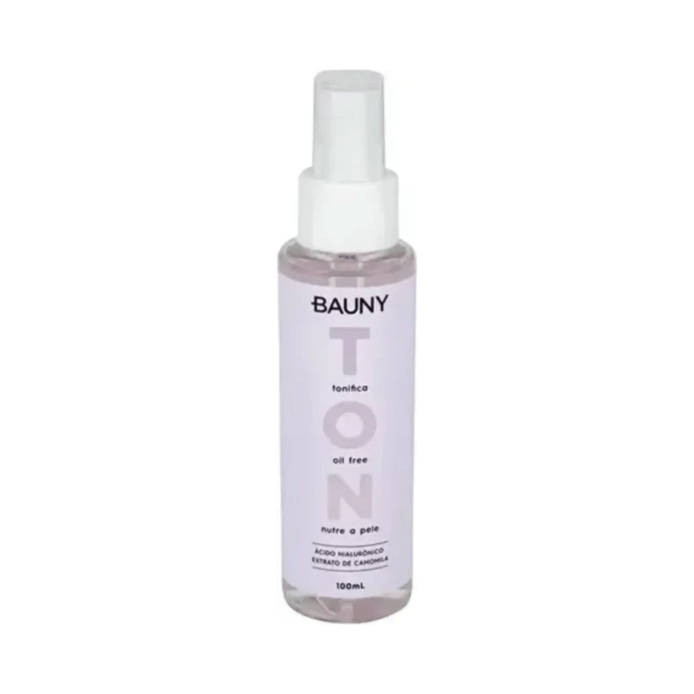 Frasco em pé do tônico Bauny 100ml com rótulo rosa claro e tampa spray branca