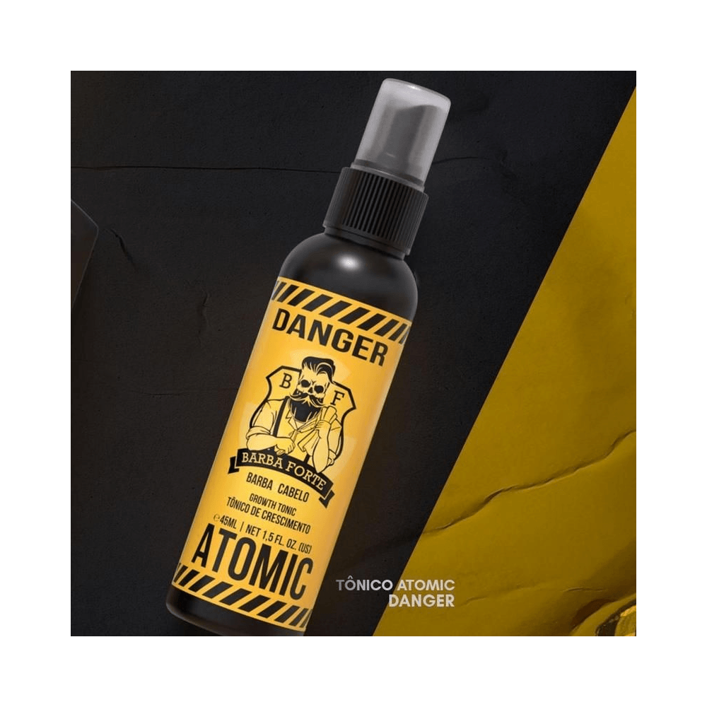 Tônico Atomic Danger inclinado sobre fundo preto e amarelo