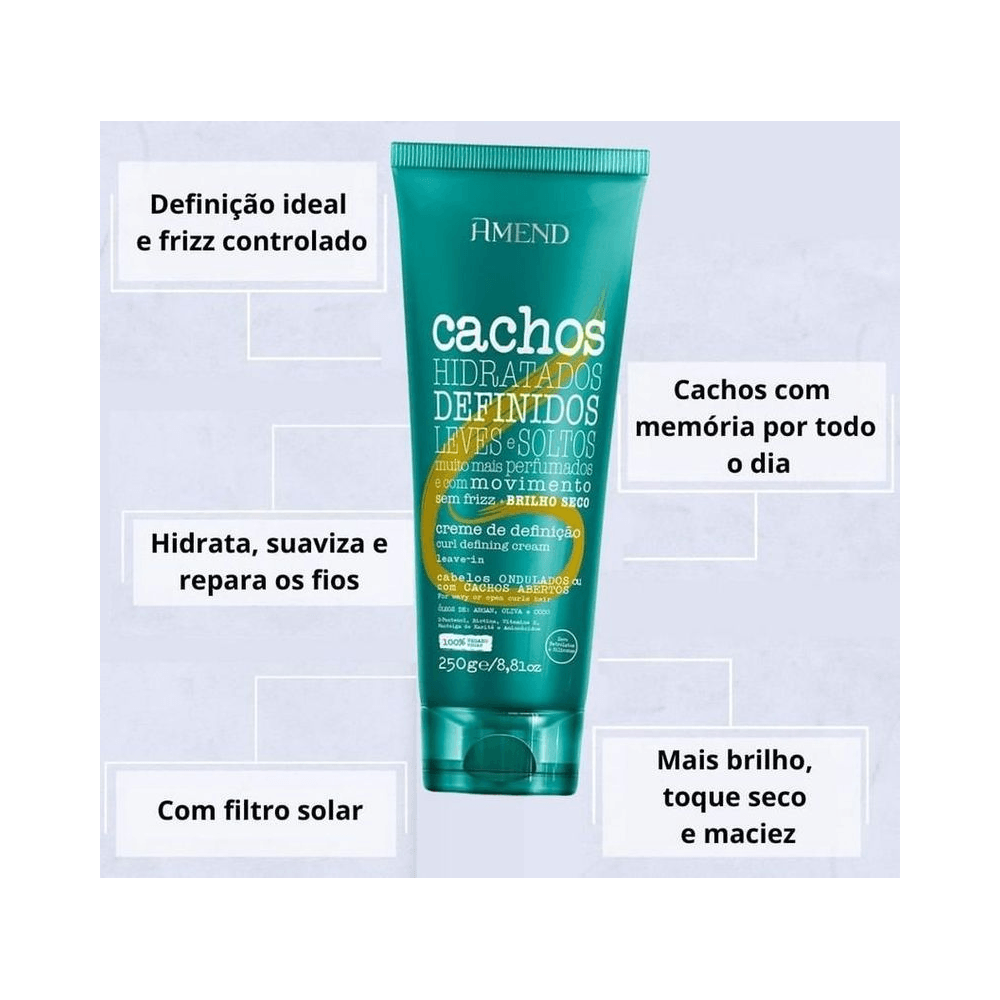 Imagem com benefícios do Leave-in Amend Cachos 250g destacando definição, brilho e toque seco