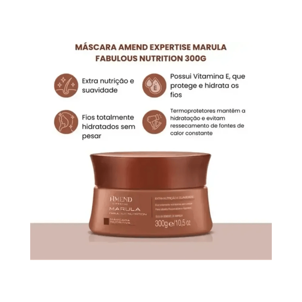 Imagem promocional da Máscara Amend Marula 300g com ícones de benefícios