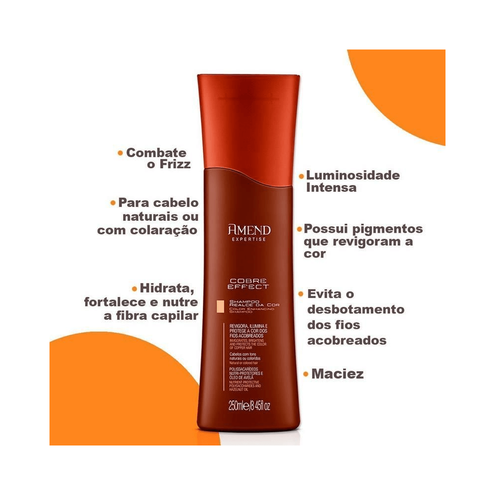Frasco do Shampoo Amend Expertise Cobre Effect 250ml com benefícios destacados ao redor