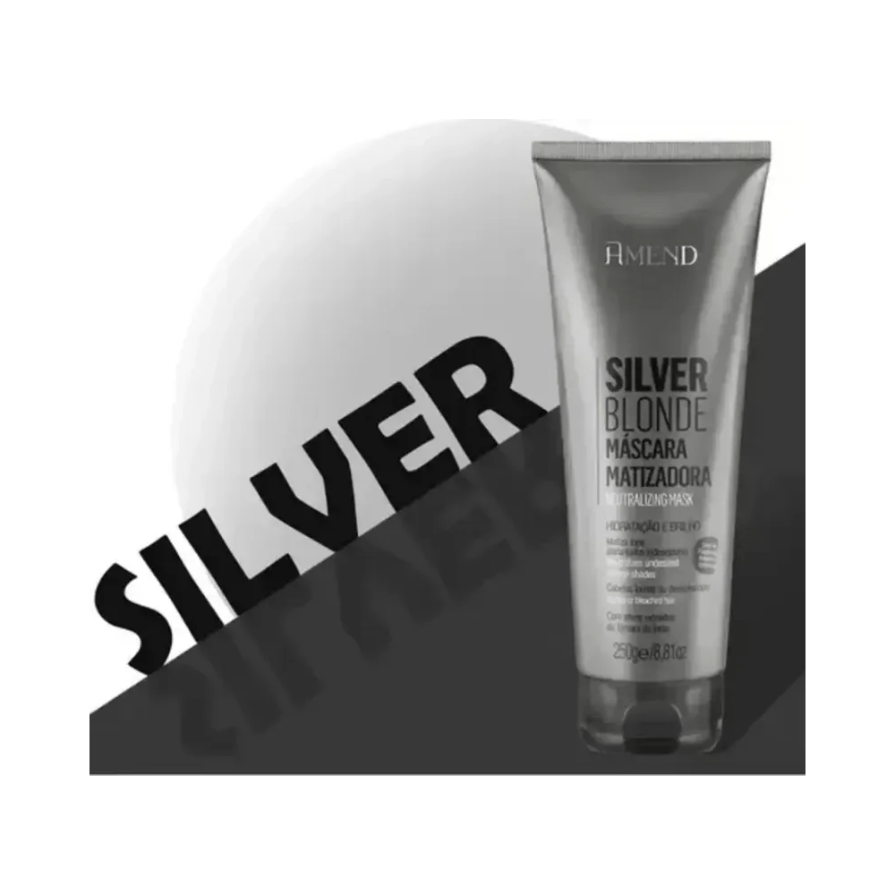 Máscara Amend Silver Blonde 250g em fundo promocional, destaque para embalagem prateada