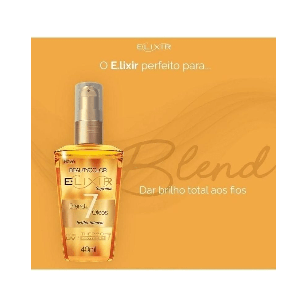 Banner laranja com frasco do Elixir mostrando benefícios de brilho total