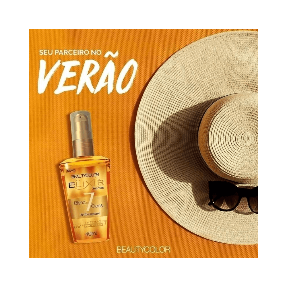 Imagem promocional do Elixir Capilar Beauty Color com fundo laranja e elementos de verão