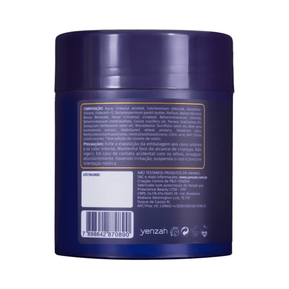 Vista traseira do pote com ingredientes e instruções da Máscara Yenzah 480g