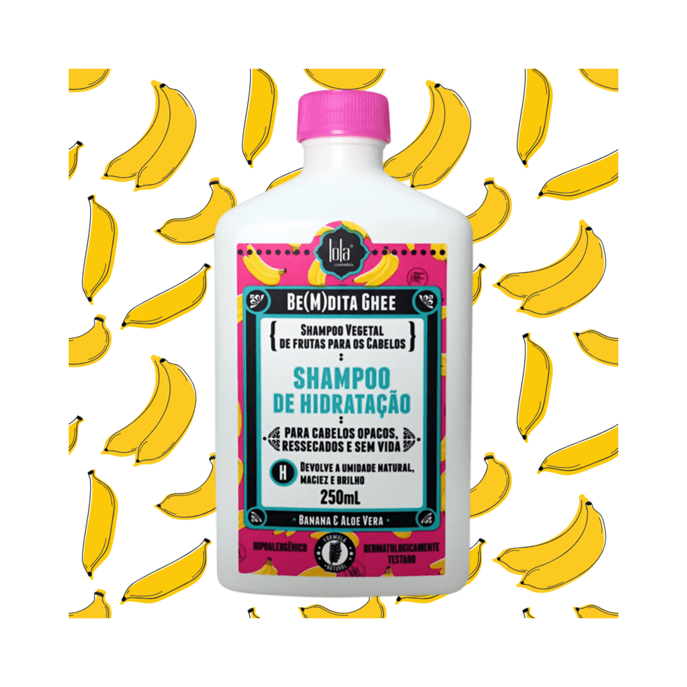 Embalagem frontal do Shampoo Lola Ghee Hidratação 250ml com ilustração de bananas
