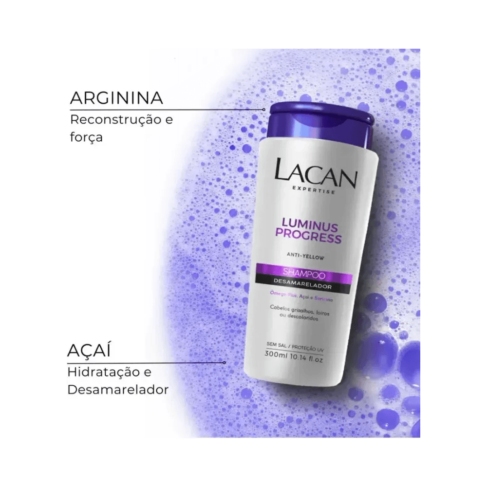 Frasco Lacan Luminus Progress 300ml sobre espuma roxa destacando Açaí e Arginina
