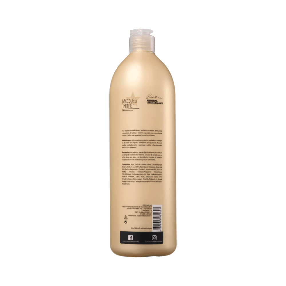 Verso do frasco com instruções e composição do Shampoo Jacques Janine 1000ml