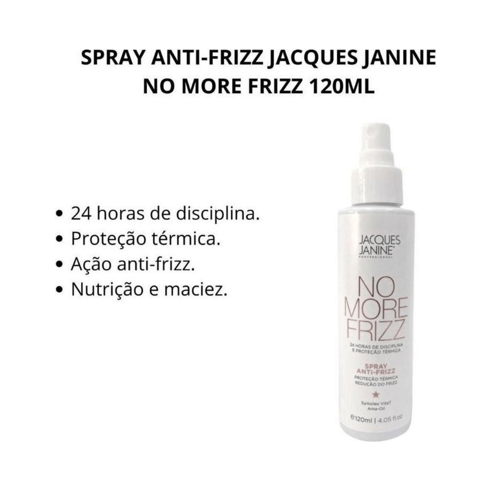 Imagem informativa do Spray No More Frizz com benefícios destacados