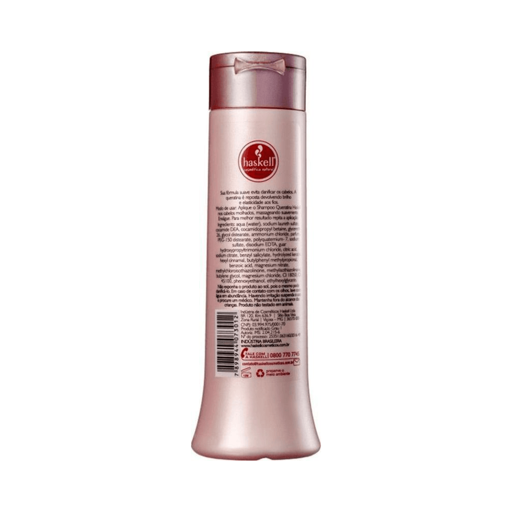 Verso do frasco do shampoo Haskell Queratina 300ml mostrando rótulo e instruções