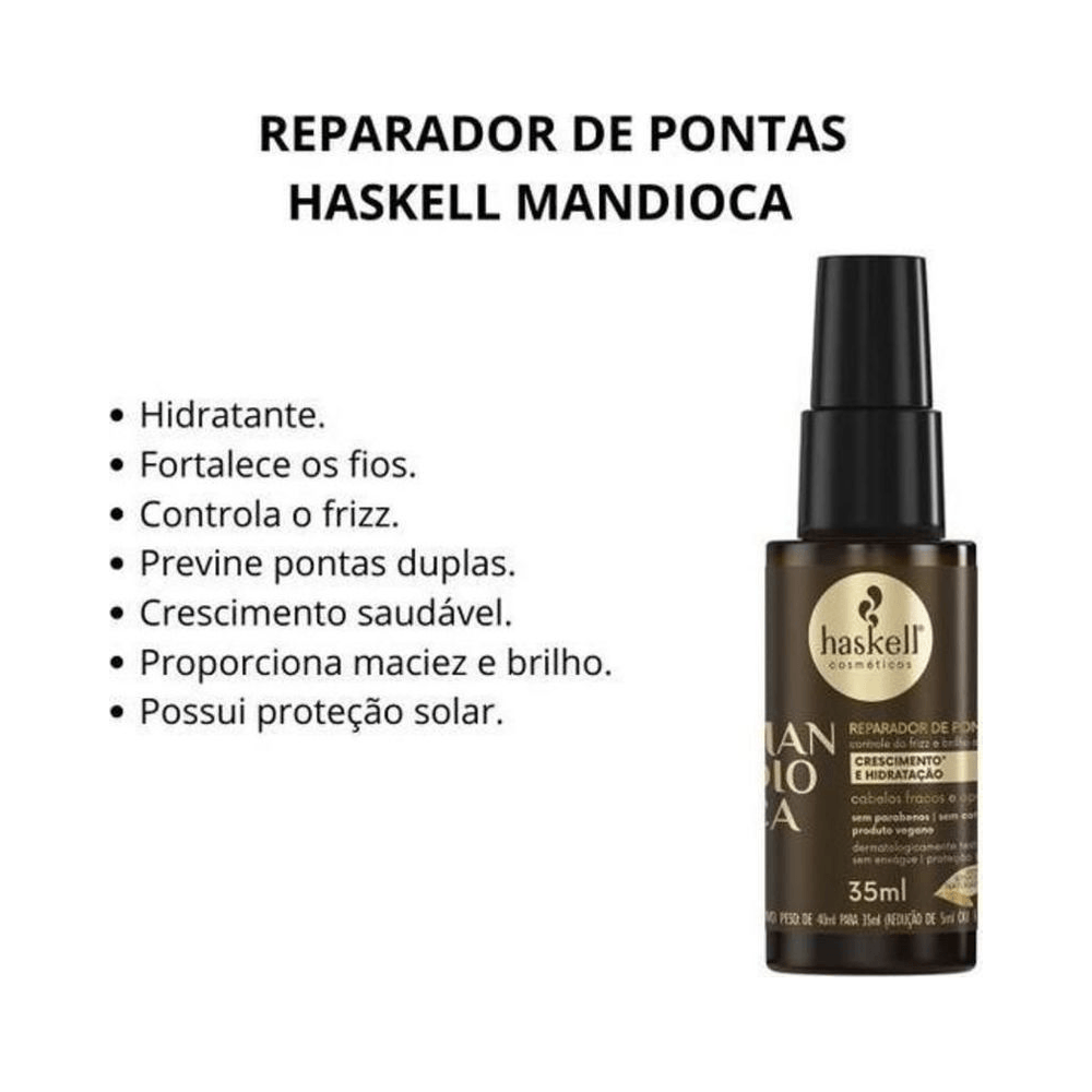 Imagem promocional Reparador de Pontas Haskell Mandioca com benefícios listados