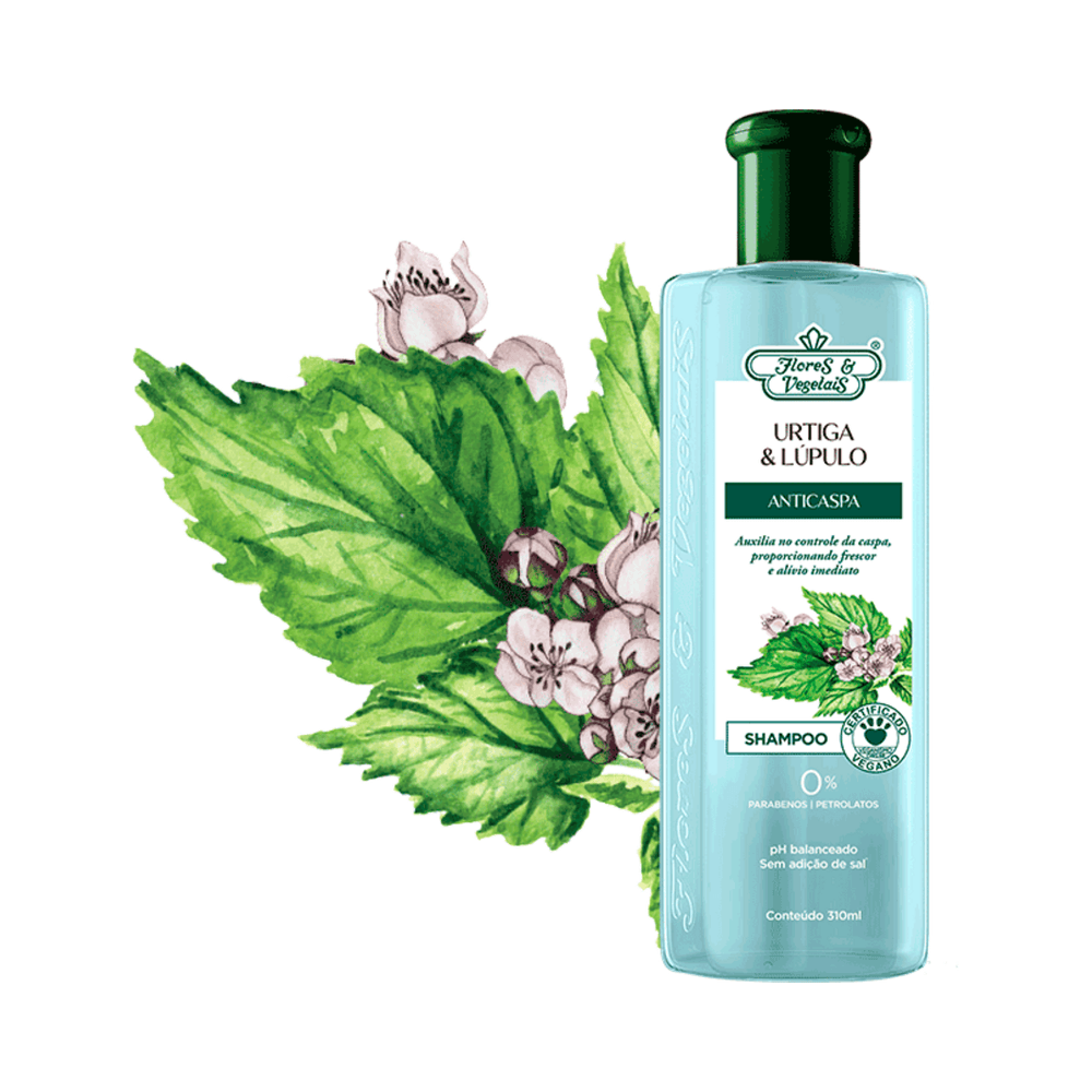 Composição artística do shampoo com ilustração de folhas de urtiga e lúpulo, destaque para selo vegano e 0% parabenos