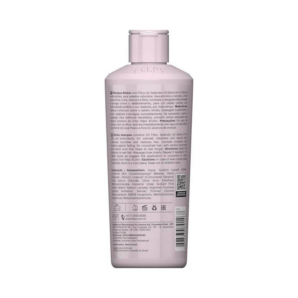 Verso do frasco do Shampoo Felps Xcolor Protector 250ml com informações do rótulo