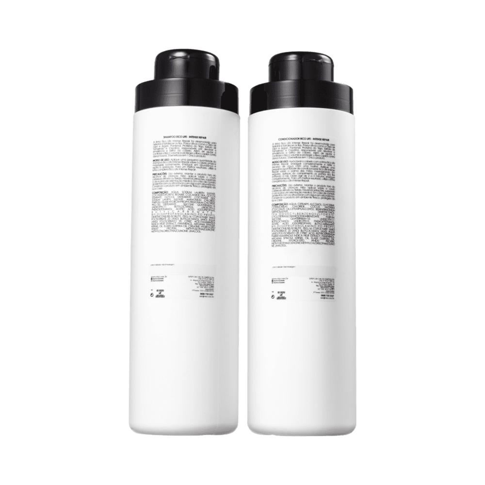 Verso dos frascos Eico Intense Repair mostrando lista de ingredientes e instruções
