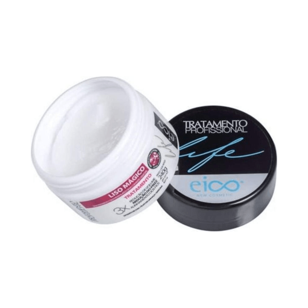 Pote aberto do Creme Eico Liso Mágico 240g mostrando textura cremosa e tampa preta