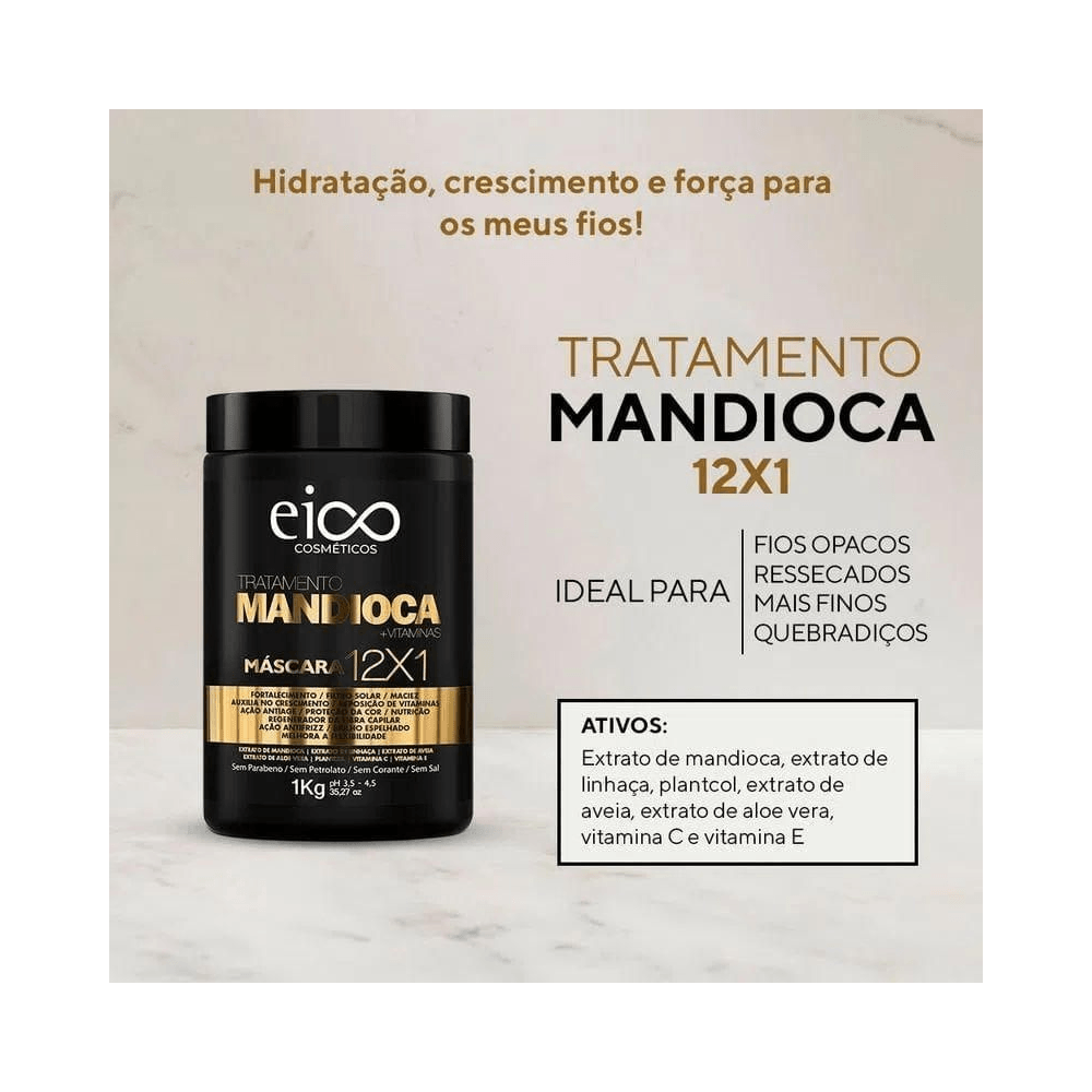 Pote preto da máscara com informações sobre ativos: mandioca, linhaça e vitaminas