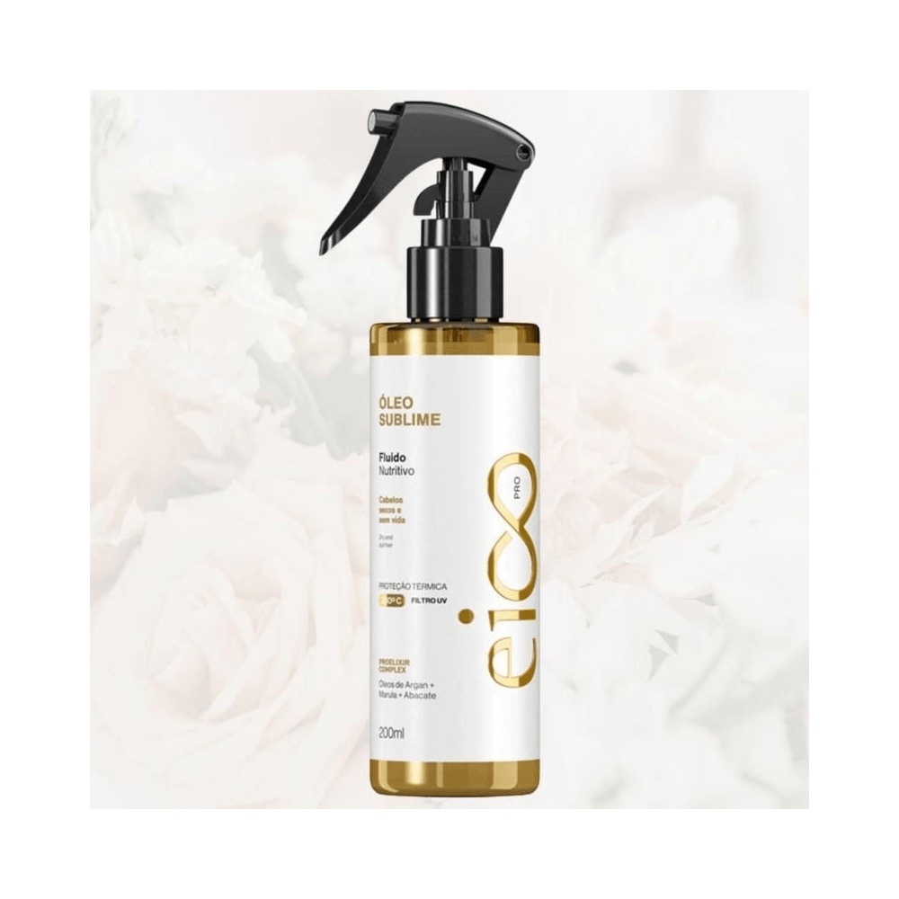 Frasco de Óleo Sublime 200ml com rótulo branco e detalhes dourados