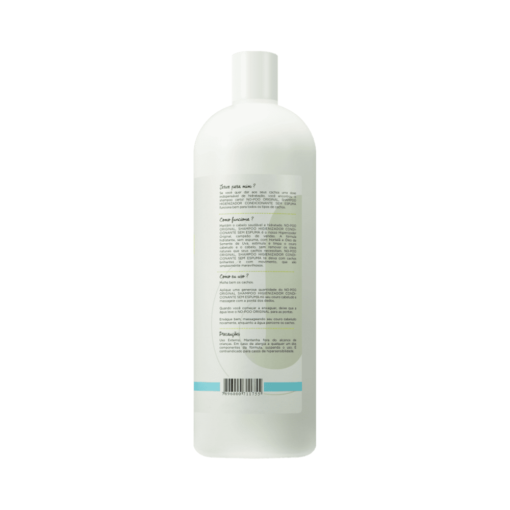 Verso do frasco Shampoo Deva Curl Low-Poo 1000ml mostrando rótulo e instruções