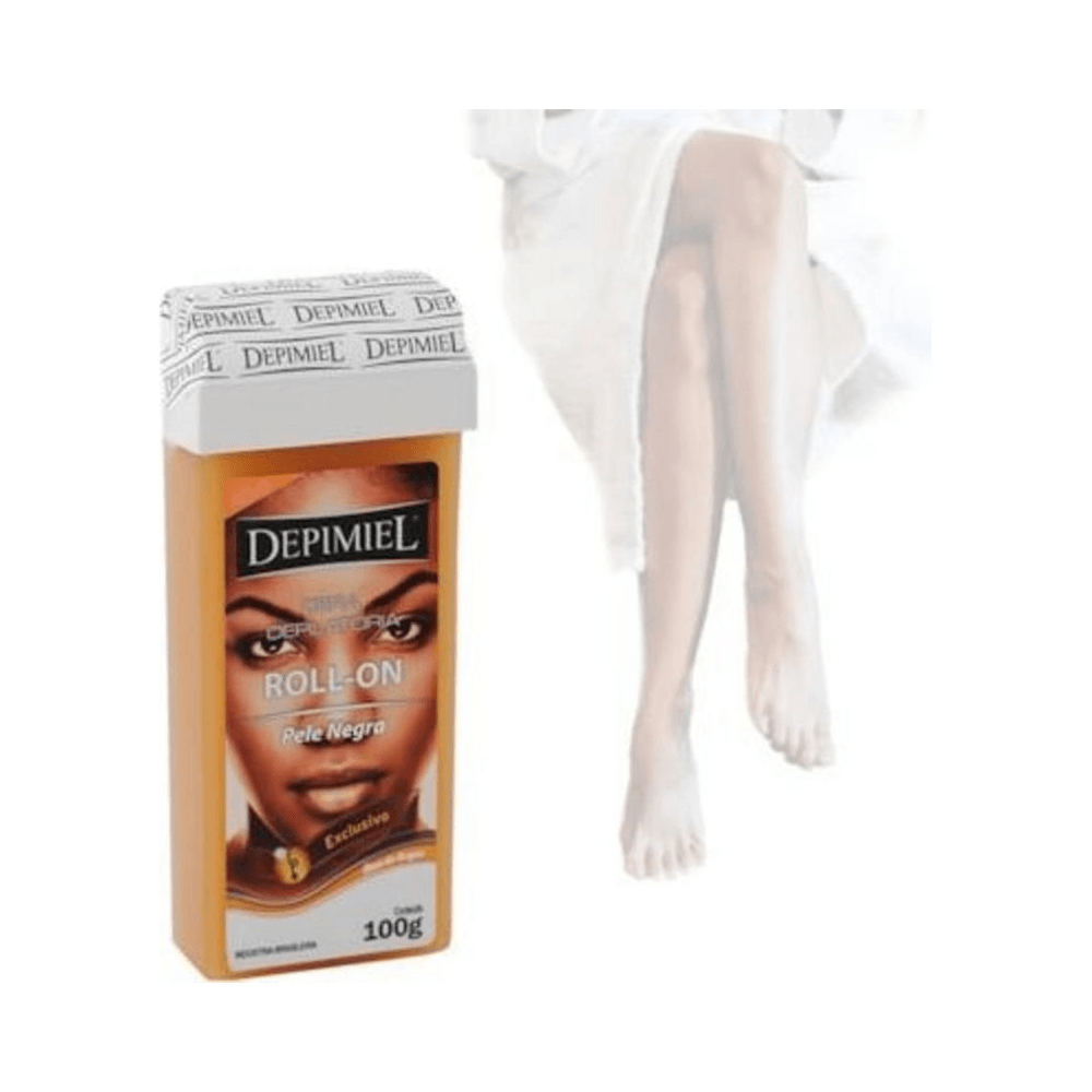 Cera roll-on Depimiel ao lado de pele depilada demonstrando uso