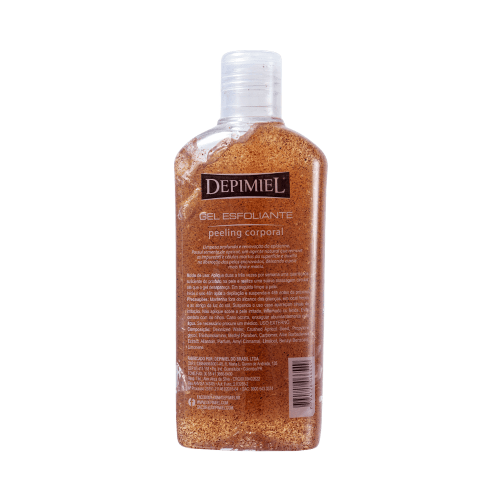 Verso do Gel Esfoliante Peeling Corporal Depimiel mostrando instruções e composição