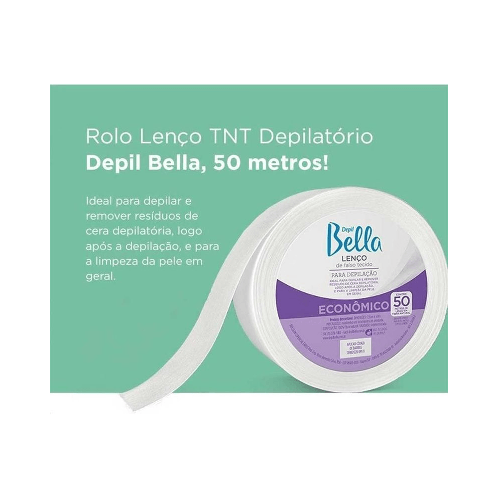 Imagem promocional do lenço TNT Depil Bella 50m sobre fundo verde-água