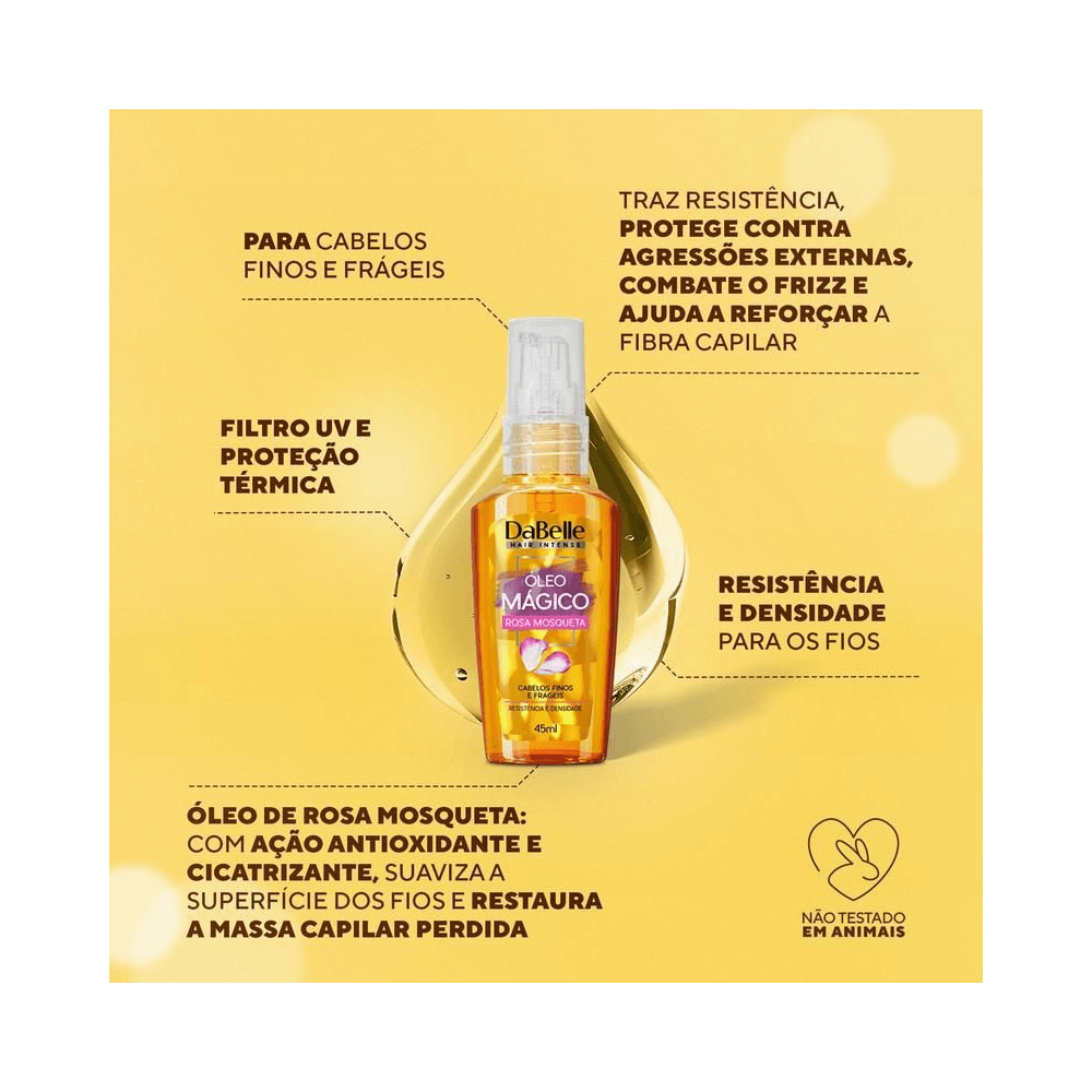 Imagem promocional Óleo Mágico Dabelle Rosa Mosqueta 45ml sobre fundo amarelo
