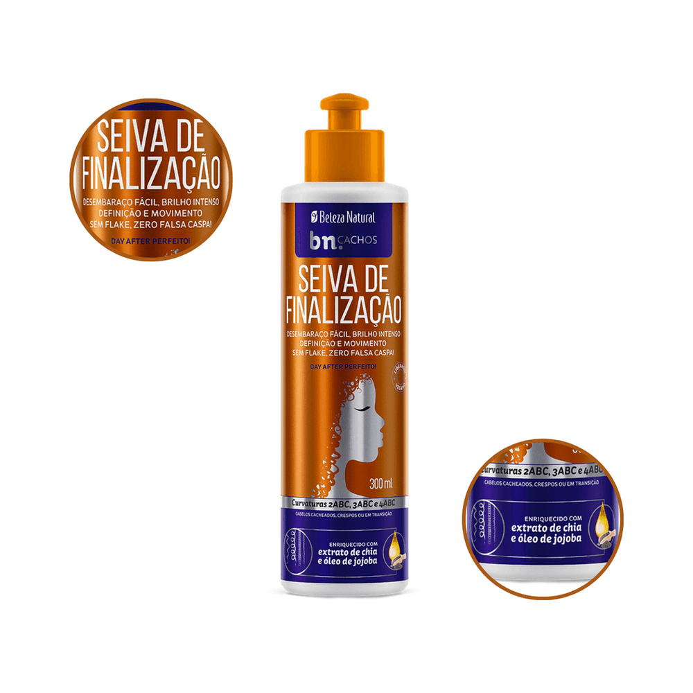 Seiva de Finalização bn.Cachos 300ml com close-up do rótulo e selo