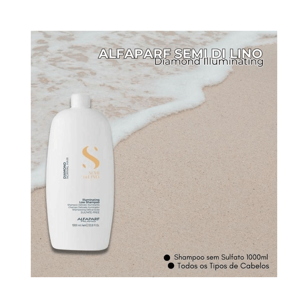 Shampoo Alfaparf Semi Di Lino Diamond 1000ml sobre fundo com espuma e areia