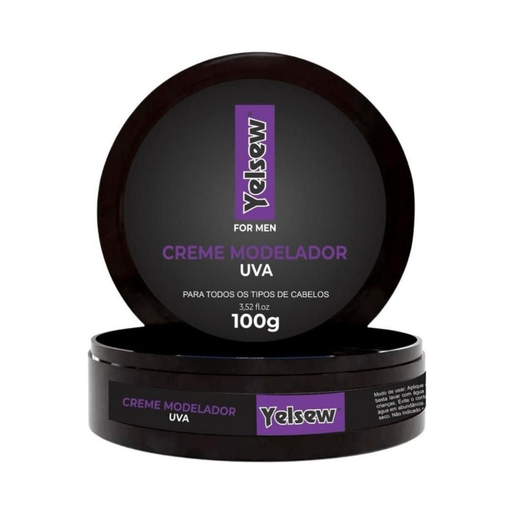 Creme Modelador Yelsew Uva 100g - pote com tampa aberta e rótulo roxo